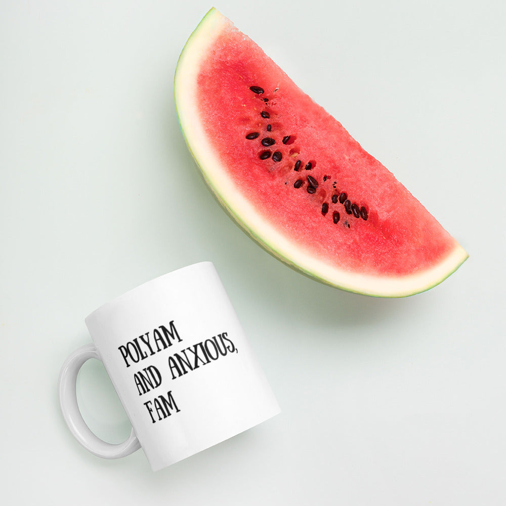 Polyam and Anxious, Fam - White glossy mug